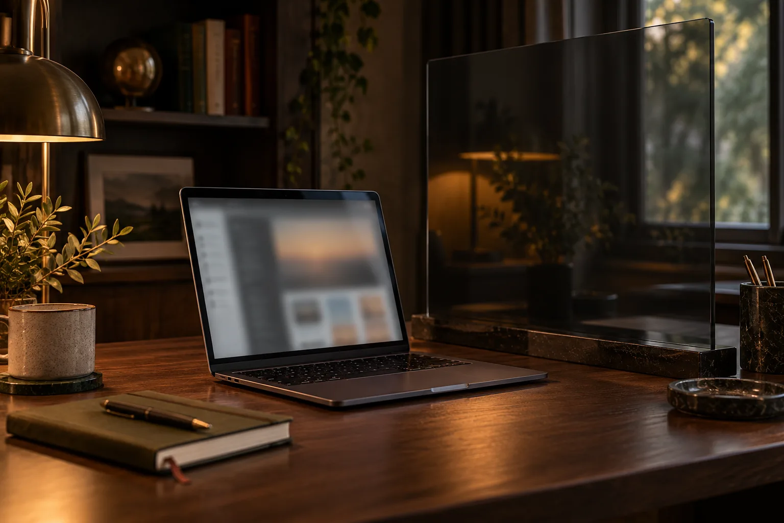 Laptop and notebook in a softly lit private study
